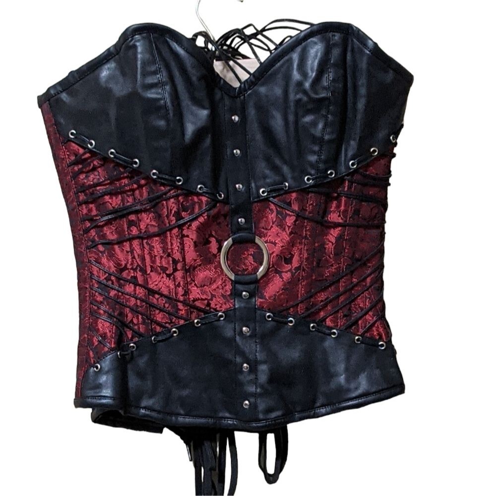 Unbranded brocade and faux leather overbust steel boning back lace up corset 26